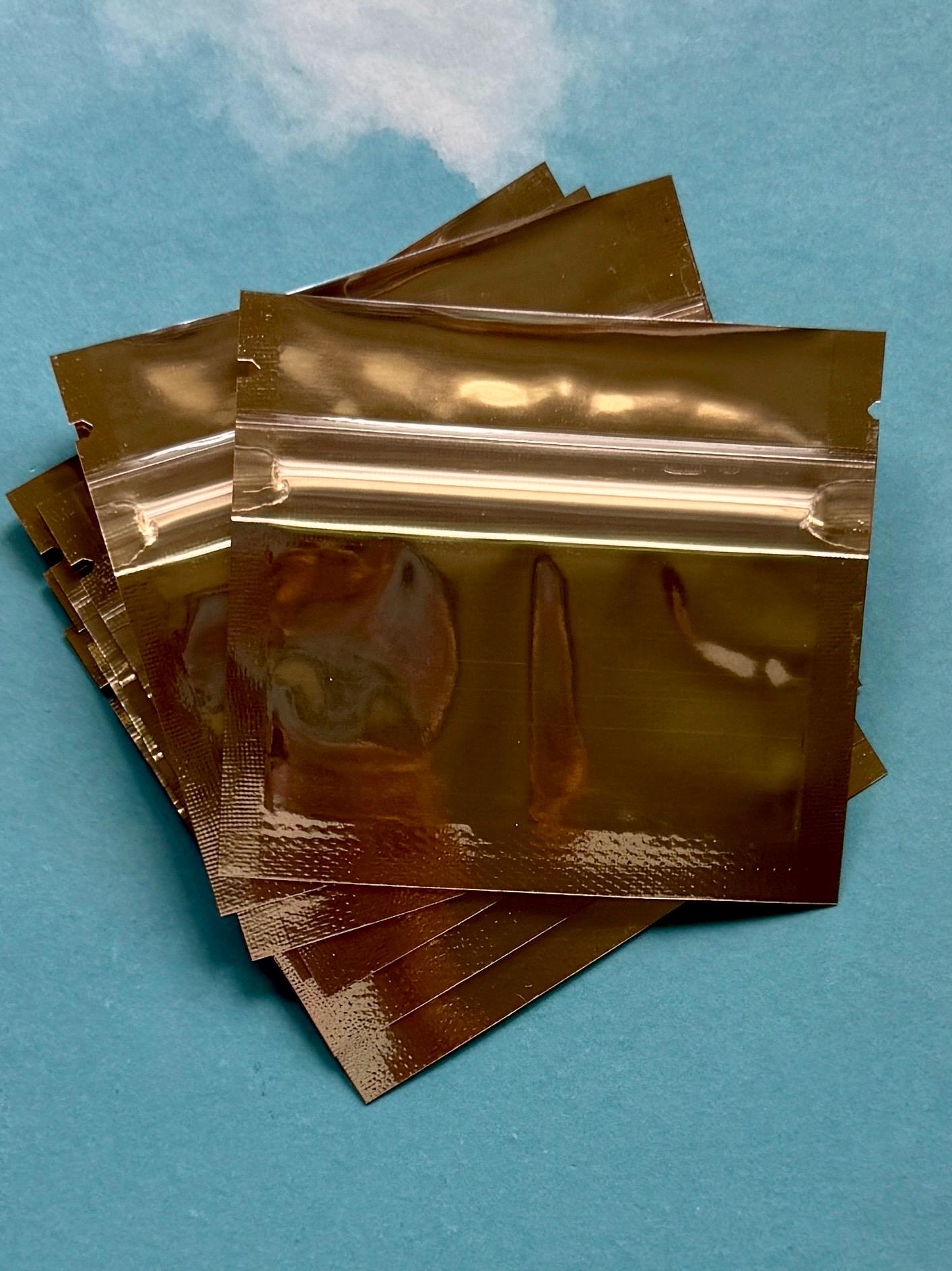 Qty 25 Gold Mylar Zip Plastic Bags, 7.5x6.5cm