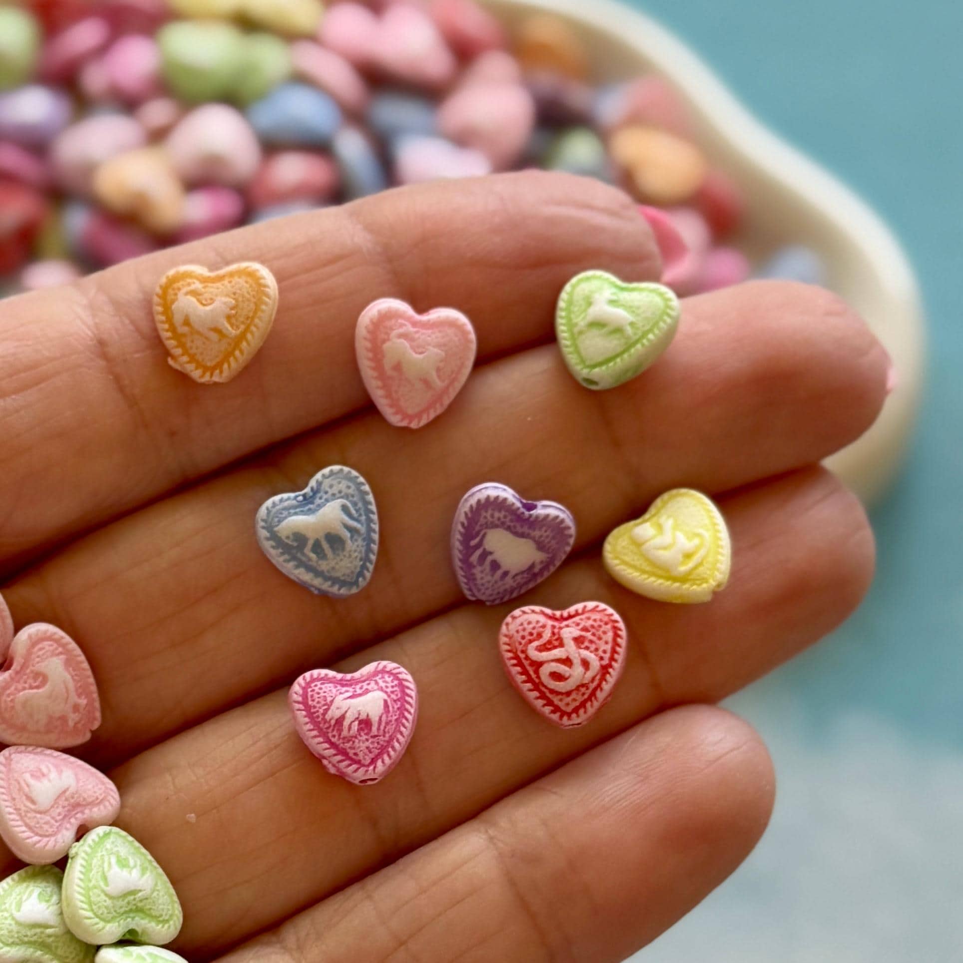 Heart Beads with Animals, 9mm, Hole: 2mm, 200 pcs