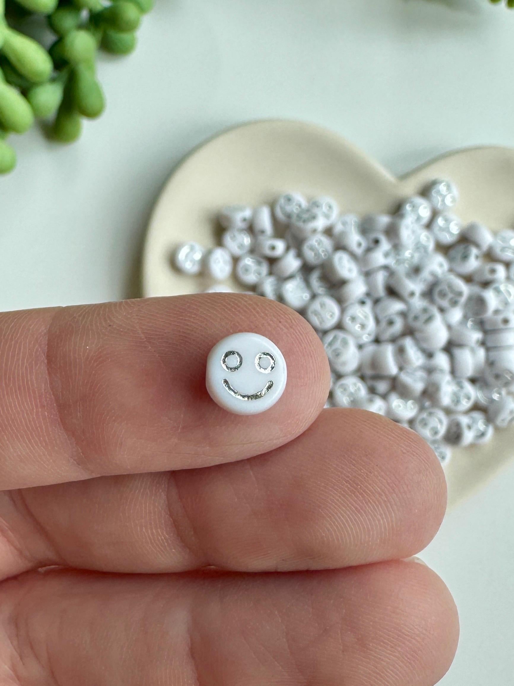 Emoji Beads - White Acrylic Funny Face Beads with Silver Inlay (7x4mm, 100 pcs)