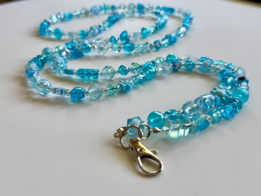Custom Beaded Name Lanyard: Blue Y2K Style Teacher Nurse ID Badge