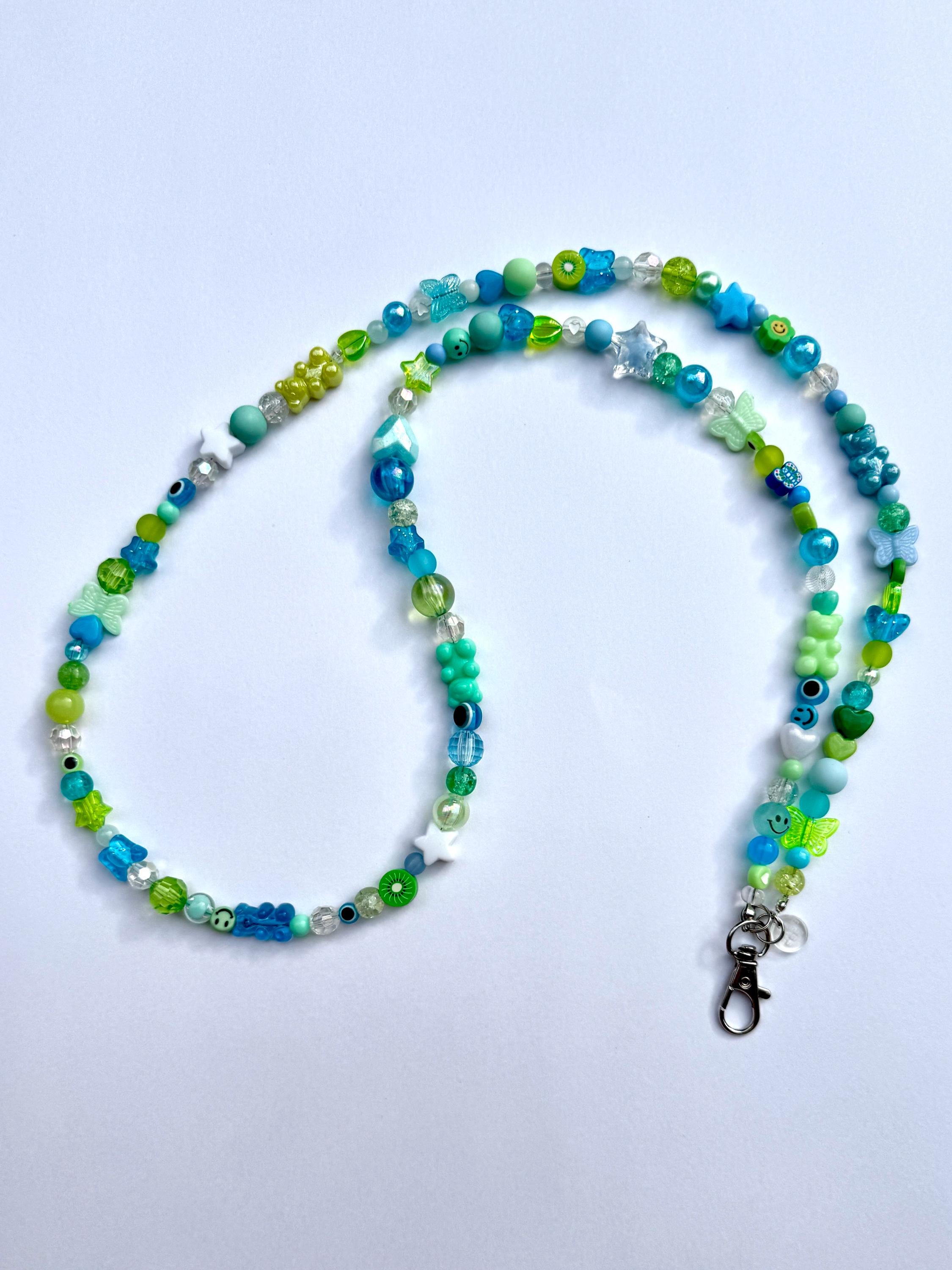 Custom Beaded Name Lanyard: Blue and Green Y2K Style Teacher Nurse ID Badge
